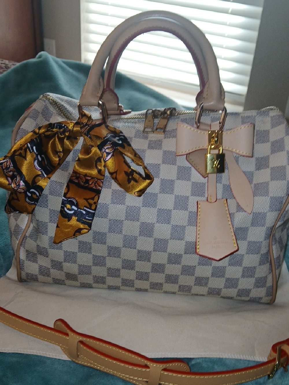 L V Insp. Blue And White Checker Canvas Satchel